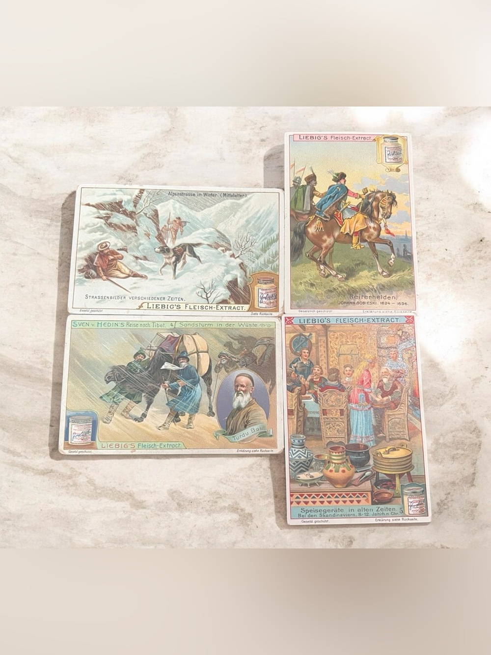 Vintage 1900s Four Liebig's historical and geographical trading cards.